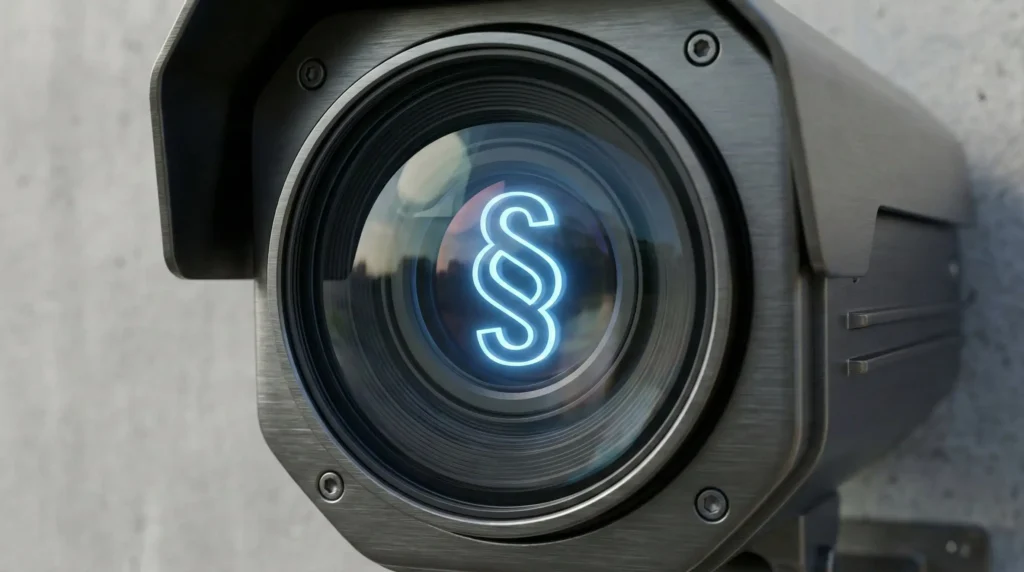 Detail šošovky bezpečnostnej kamery so symbolom paragrafu a zámku, ilustrujúci legálne kamerové systémy v súlade s GDPR.