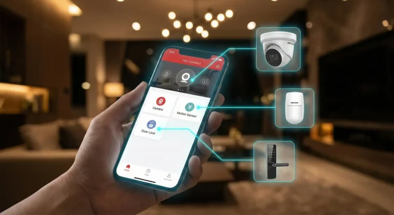 Smartphone s aplikáciou Hik-Connect zobrazujúcou prepojený alarm AX Hybrid Pro G2 a bezpečnostné kamery Hikvision.